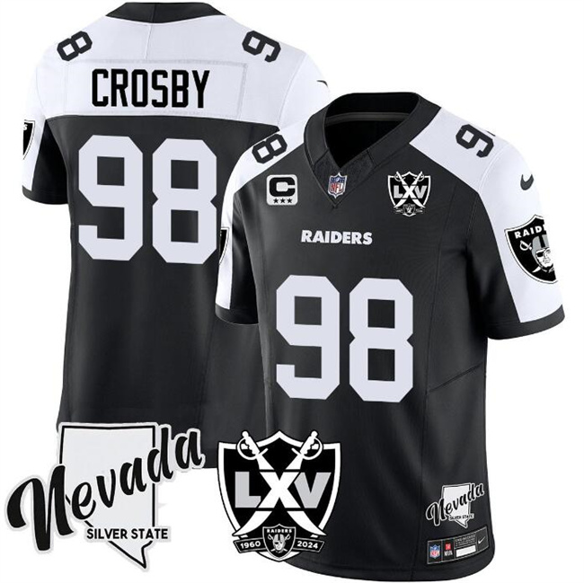 Men's Las Vegas Raiders #98 Maxx Crosby Black/White 2024 F.U.S.E With Nevada Silver Stat Patch And 65th Anniversary Patch 3-Star C Patch Stitched Football Jersey Men's Las Vegas Raiders #98 Maxx Crosby Black/White 2024 F.U.S.E With Nevada Silver Stat Patch And 65th Anniversary Patch 3-Star C Patch Stitched Football Jersey
